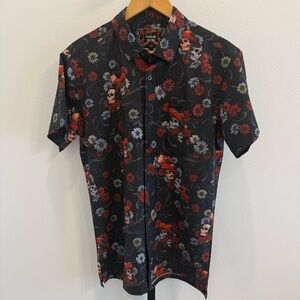 Retro Rifle Red and Black Floral Skull Pattern Button Down Camp Shirt Medium